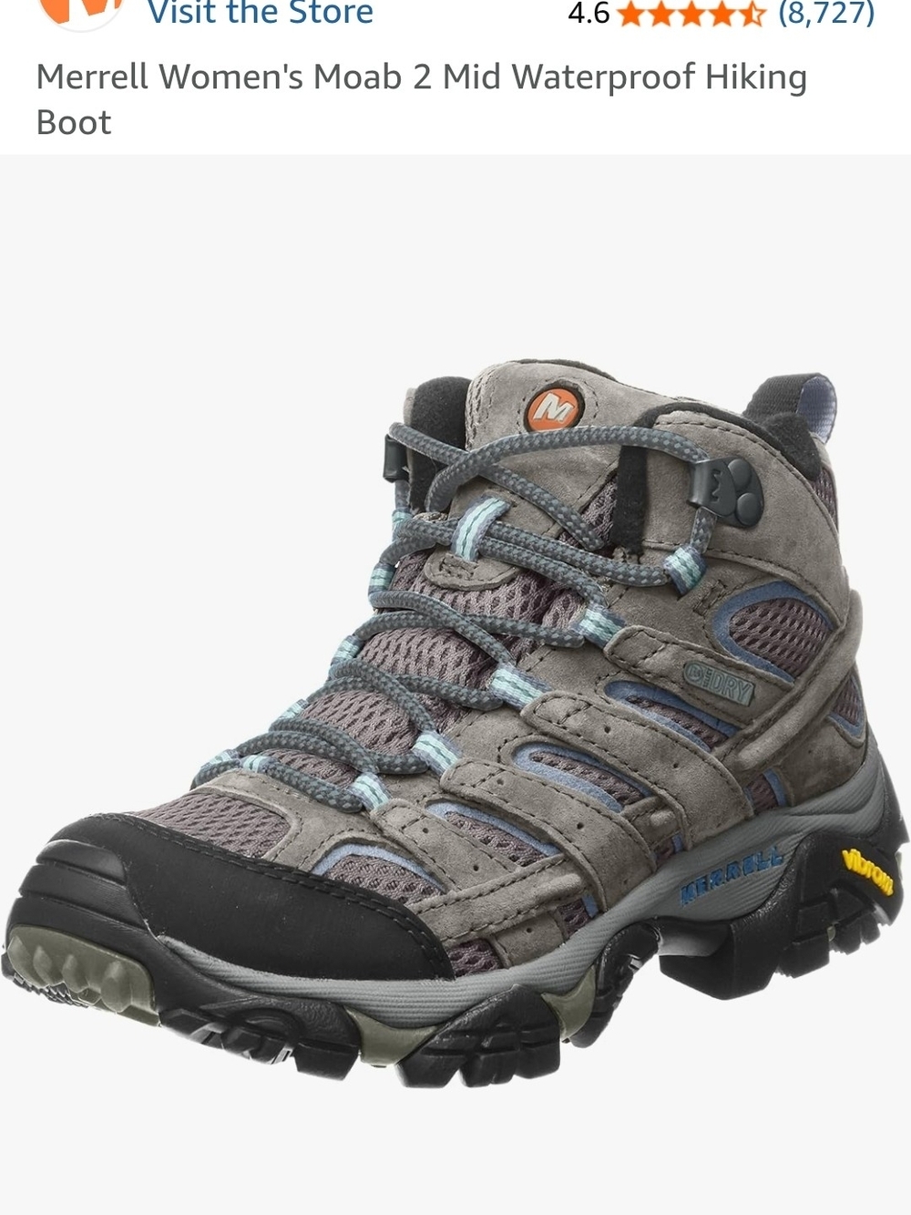 Merrell Women's Moab 2 Mid Waterproof Hiking Boot - Gray/Blue, Size 10.5 Wide